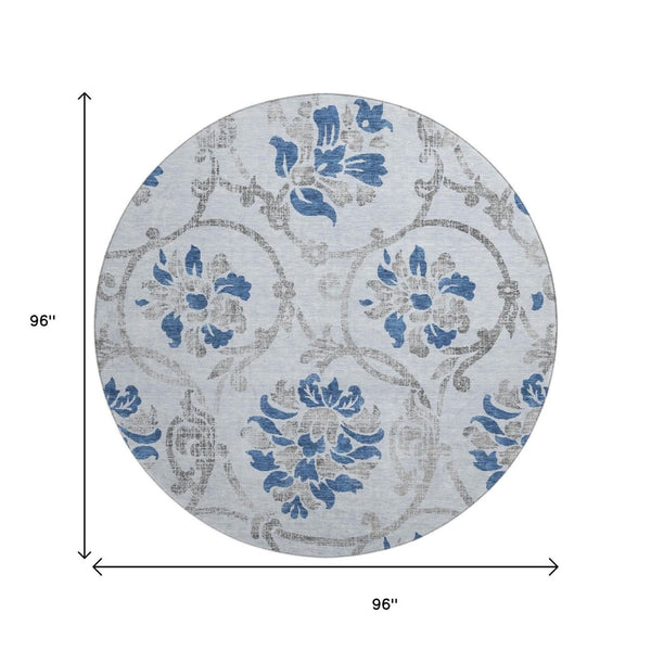 HomeRoots 8' Sky Blue Gray Silver Floral Washable Round Rug - Durable, Stain-Resistant, UV Protected Design 663999