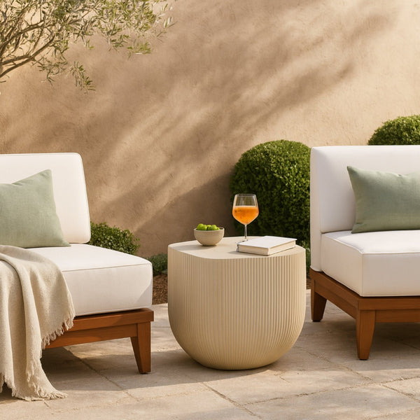 Meridian Furniture Sonara Concrete Ribbed Outdoor End Table with Art Deco Sculpted Sand Finish 663Sand-ET
