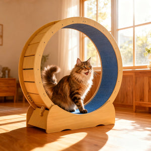 English Elm Cat 42" Exercise Wheel for Indoor Cats - Solid Acacia Wood, Quiet TPE Rollers, Anti-Pinch Design & Lockable Safety W2500P293097