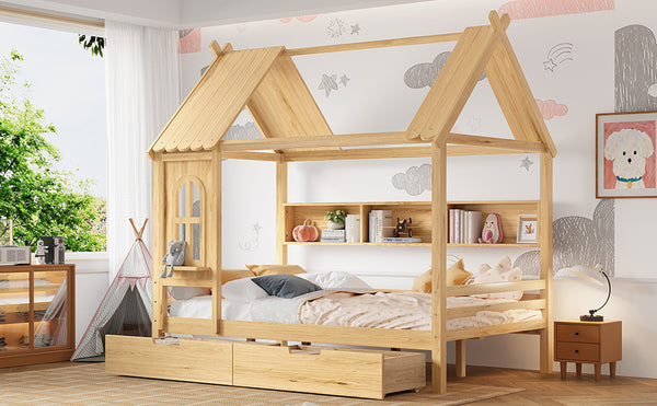 English Elm Full House Solid Wood Platform Bed with Window Roof, Under-Bed Drawers & Shelves for Kids' Rooms Natural W1580S00268