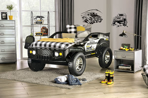 English Elm Modern Speed Jeep Twin Bed With Led Headlights, High-Gloss Finish, Metal Frame & Slat Kit Included B2741S00508