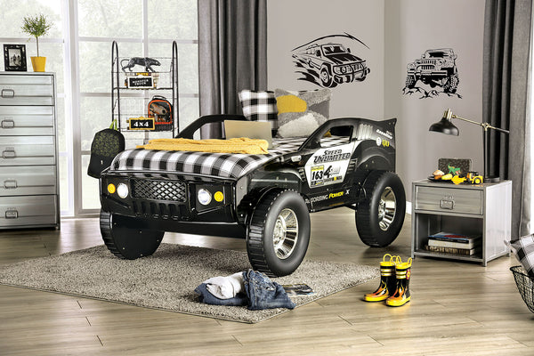English Elm Modern Speed Jeep Twin Bed With Led Headlights, High-Gloss Finish, Metal Frame & Slat Kit Included B2741S00508