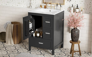 English Elm Modern 24 Inch Bathroom Vanity Solid Wood Cabinet with Ceramic Sink and Soft Close Storage Black N729P292859B
