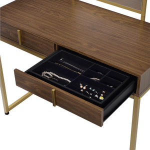 English Elm 2 Drawers Vanity Desk With Mirror & Jewelry Tray – Elegant Walnut & Gold Design For Compact Spaces B016P317505