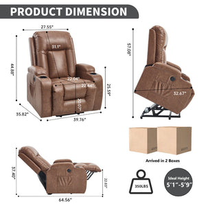 English Elm Beige Pu Leather Power Lift Recliner with Massage Lumbar Heat and Usb Charging Brown W1803S00083