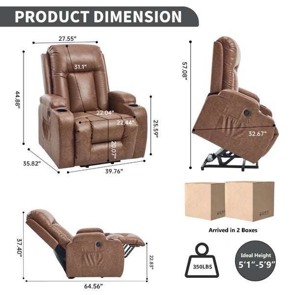 English Elm Beige Pu Leather Power Lift Recliner with Massage Lumbar Heat and Usb Charging Brown W1803S00083