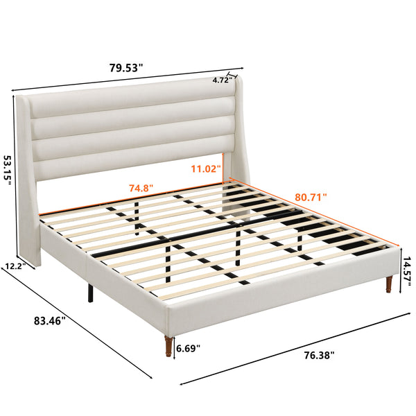 English Elm King Upholstered Platform Bed Frame King Size with High Wave Headboard, Chenille Ivory, Noise-Free EVA, 1000lb Capacity, No Box Spring Needed, Easy Velcro Assembly W1716P362410
