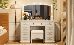 English Elm <old Sku Hollywood Vanity with 10 Bulbs 9 Drawers Cushioned Stool White Glam Bedroom N704G202308A