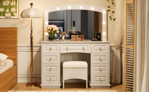English Elm <old Sku Hollywood Vanity with 10 Bulbs 9 Drawers Cushioned Stool White Glam Bedroom N704G202308A