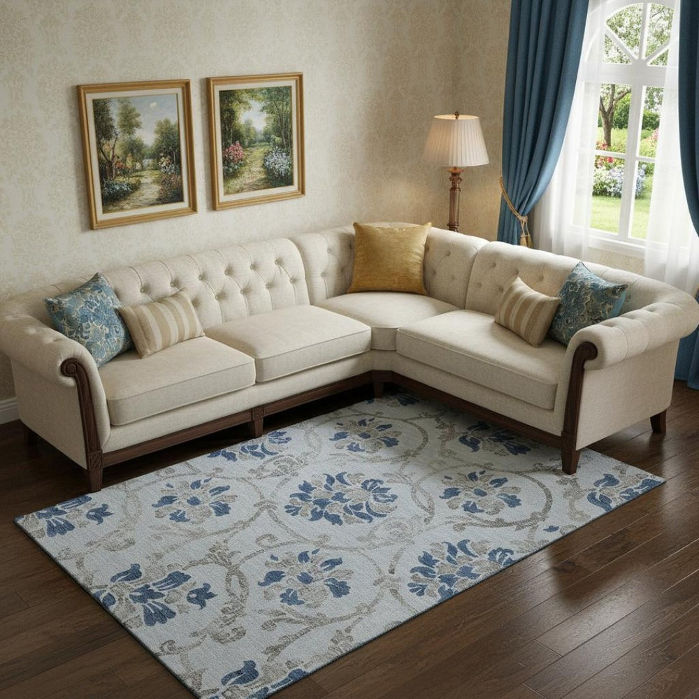 HomeRoots 8' X 10' Elegant Sky Blue Floral Area Rug - Durable, Washable, Stain Resistant & UV Protected Design 664000