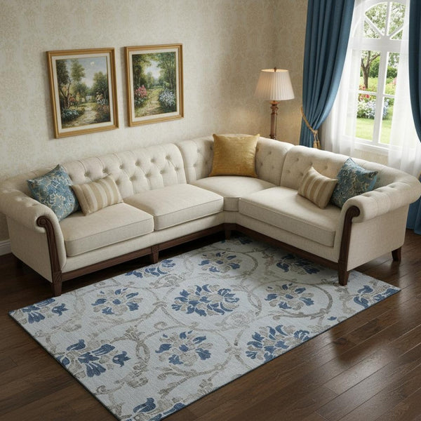 HomeRoots 8' X 10' Elegant Sky Blue Floral Area Rug - Durable, Washable, Stain Resistant & UV Protected Design 664000