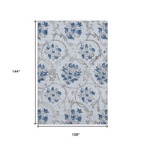 HomeRoots 9' X 12' Elegant Sky Blue Gray Floral Washable Area Rug with UV Protection for Family-Friendly Spaces 664001