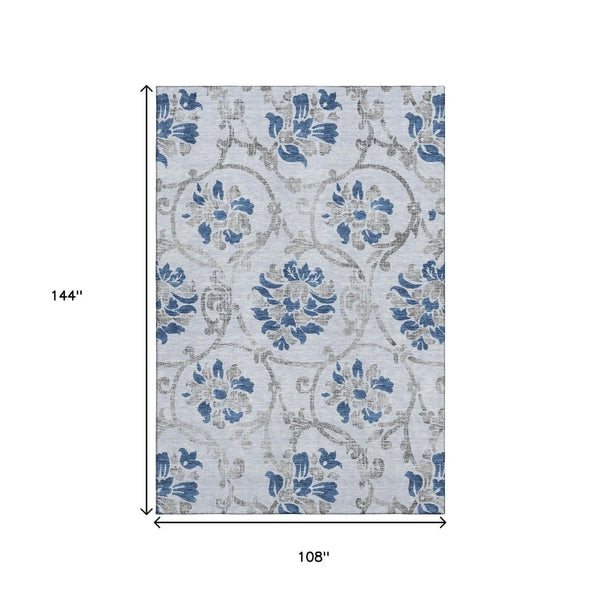 HomeRoots 9' X 12' Elegant Sky Blue Gray Floral Washable Area Rug with UV Protection for Family-Friendly Spaces 664001