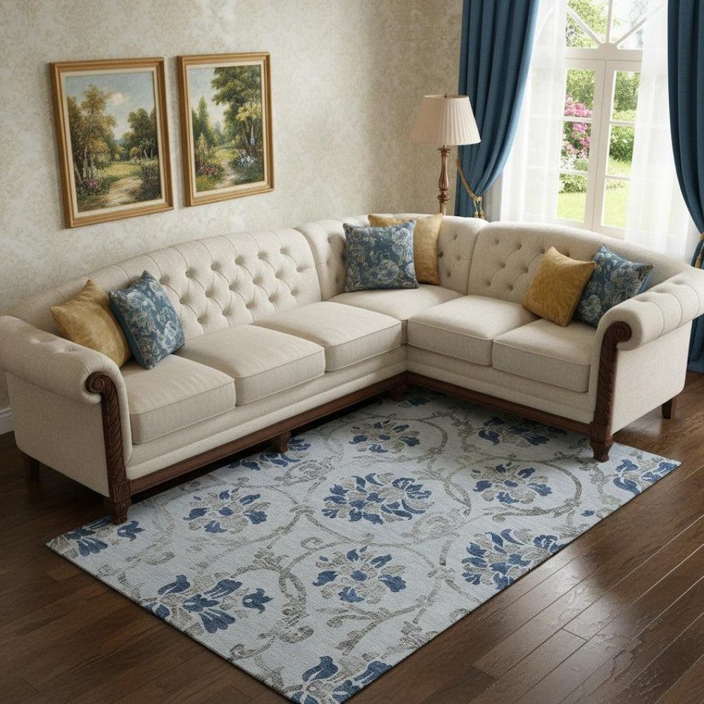 HomeRoots 9' X 12' Elegant Sky Blue Gray Floral Washable Area Rug with UV Protection for Family-Friendly Spaces 664001