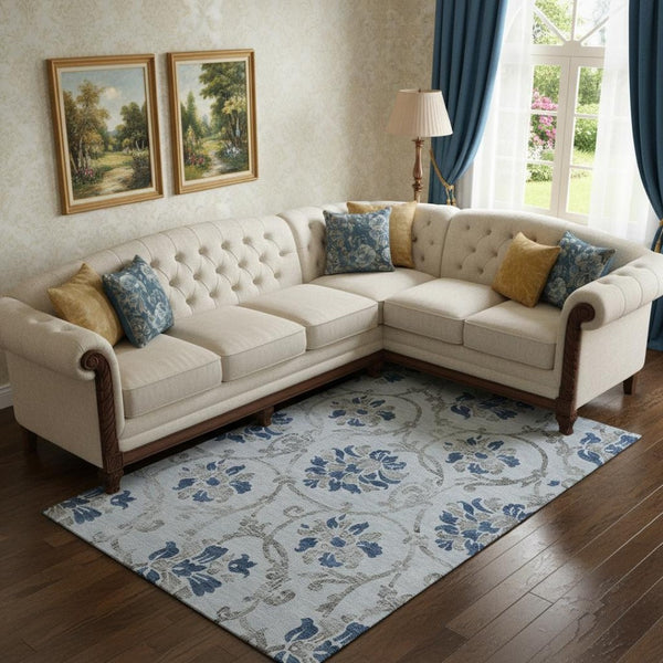 HomeRoots 9' X 12' Elegant Sky Blue Gray Floral Washable Area Rug with UV Protection for Family-Friendly Spaces 664001