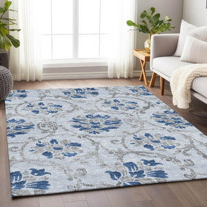 HomeRoots 9' X 12' Elegant Sky Blue Gray Floral Washable Area Rug with UV Protection for Family-Friendly Spaces 664001