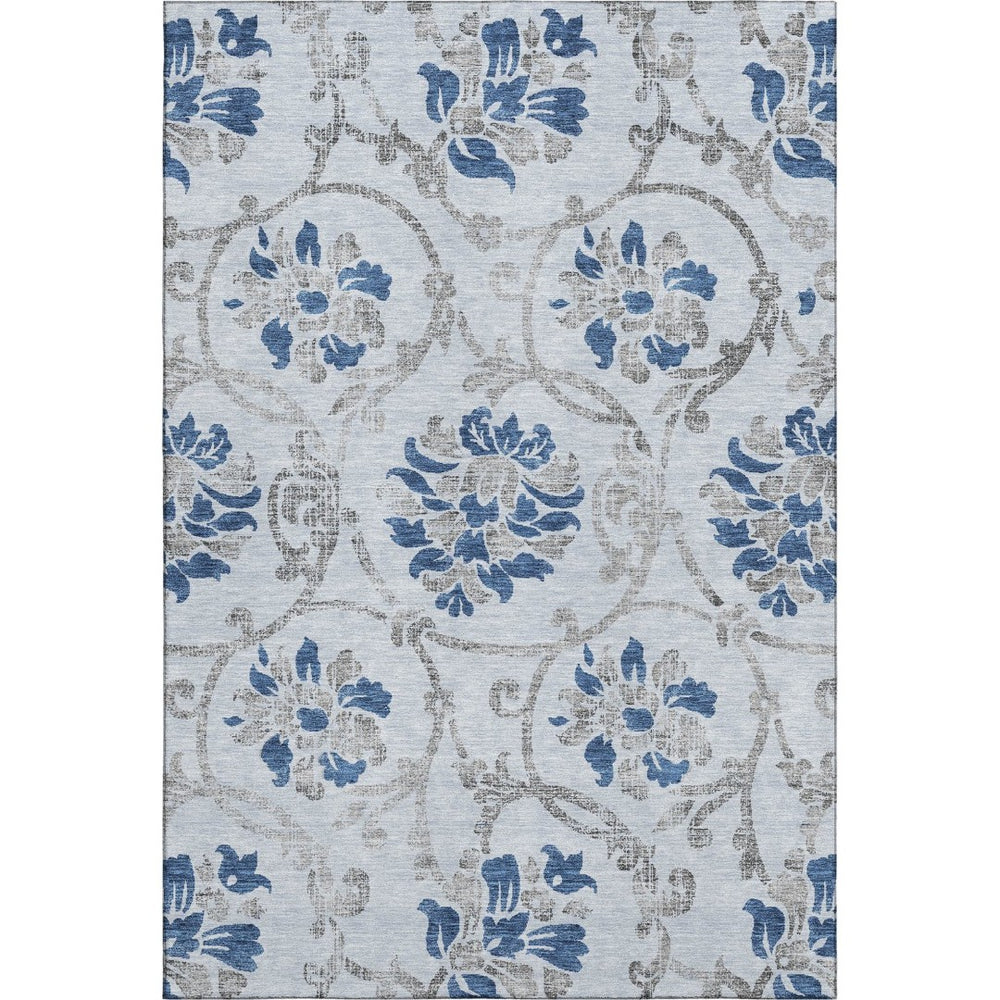 HomeRoots 9' X 12' Elegant Sky Blue Gray Floral Washable Area Rug with UV Protection for Family-Friendly Spaces 664001