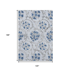 HomeRoots 10' Sky Blue Gray Silver Floral Area Rug - Washable, UV Protected, Durable for High-Traffic Spaces 664002