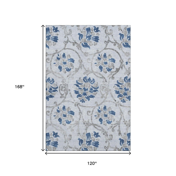 HomeRoots 10' Sky Blue Gray Silver Floral Area Rug - Washable, UV Protected, Durable for High-Traffic Spaces 664002