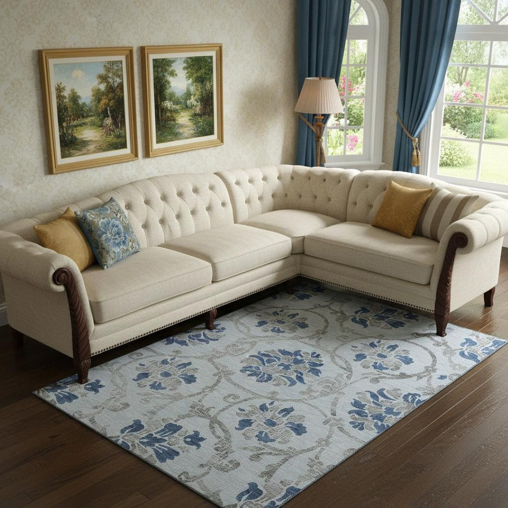 HomeRoots 10' Sky Blue Gray Silver Floral Area Rug - Washable, UV Protected, Durable for High-Traffic Spaces 664002
