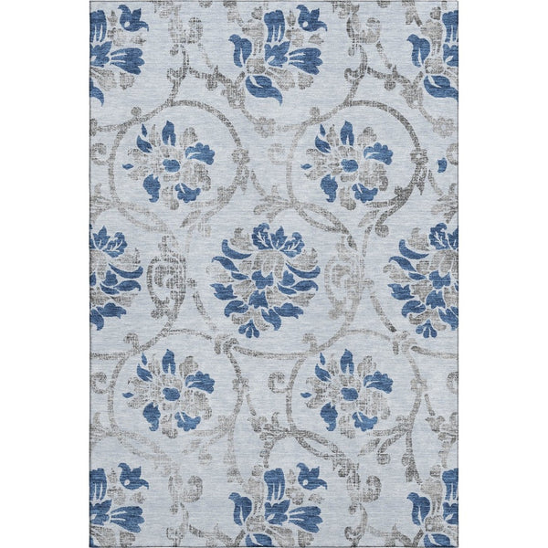 HomeRoots 10' Sky Blue Gray Silver Floral Area Rug - Washable, UV Protected, Durable for High-Traffic Spaces 664002