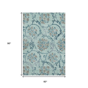 HomeRoots 5' X 8' Teal & Gray Floral Washable Area Rug - Stain-Resistant, Soft, UV-Protected for Any Room 664004