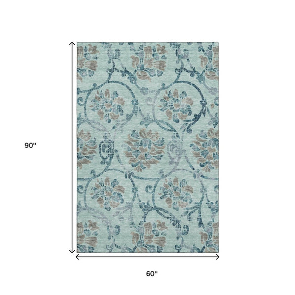 HomeRoots 5' X 8' Teal & Gray Floral Washable Area Rug - Stain-Resistant, Soft, UV-Protected for Any Room 664004