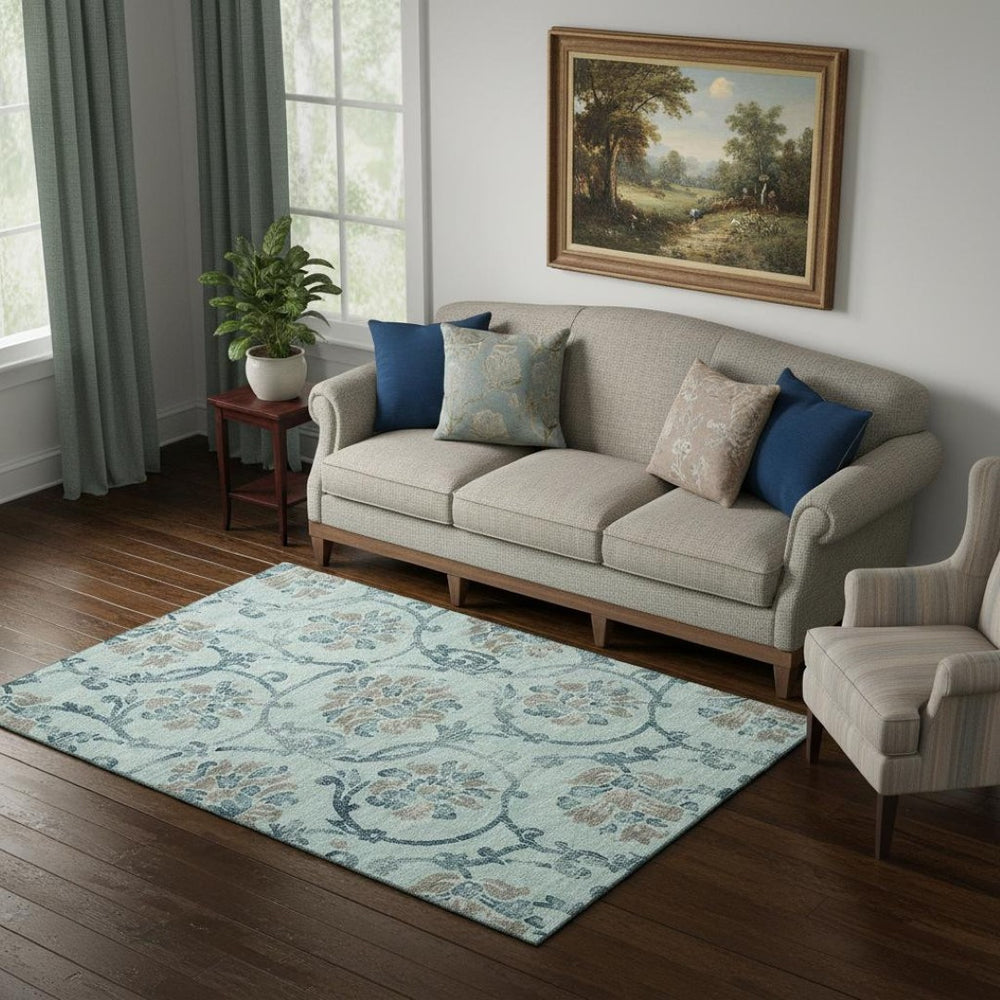 HomeRoots 5' X 8' Teal & Gray Floral Washable Area Rug - Stain-Resistant, Soft, UV-Protected for Any Room 664004