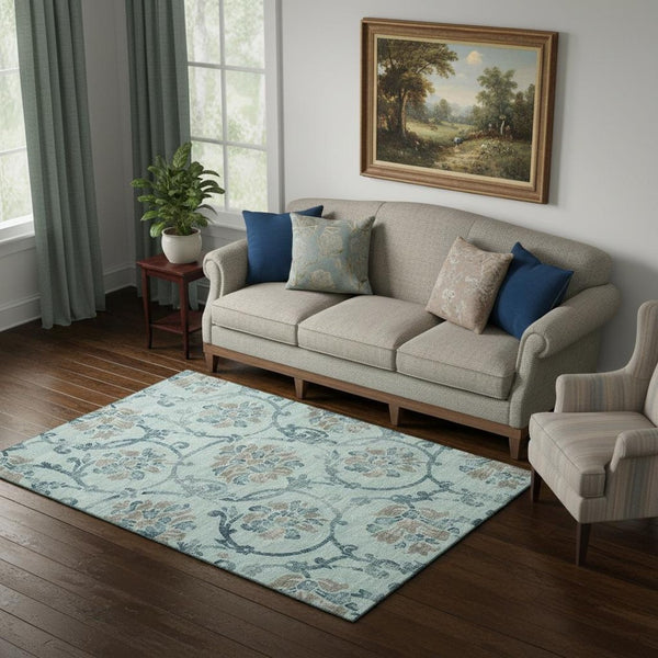 HomeRoots 5' X 8' Teal & Gray Floral Washable Area Rug - Stain-Resistant, Soft, UV-Protected for Any Room 664004
