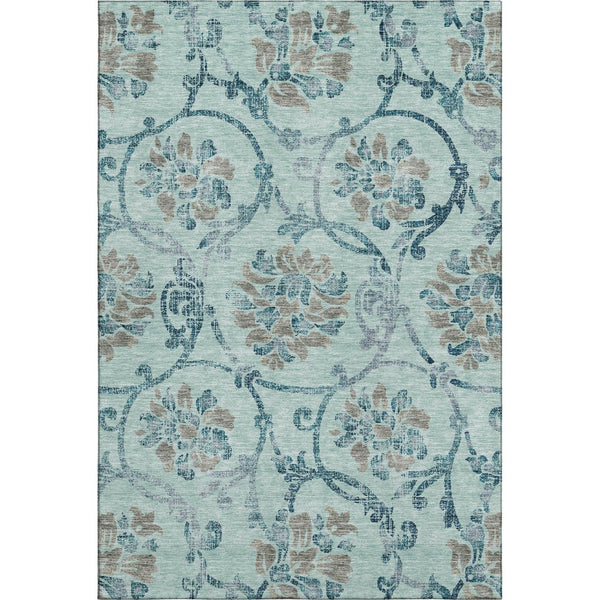 HomeRoots 5' X 8' Teal & Gray Floral Washable Area Rug - Stain-Resistant, Soft, UV-Protected for Any Room 664004