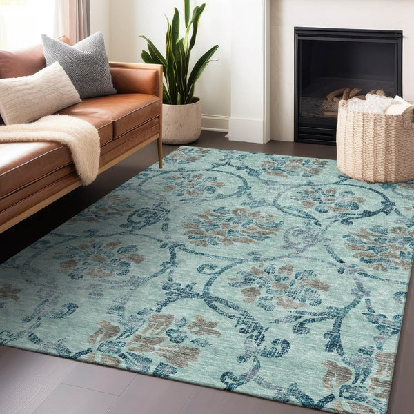 HomeRoots 5' X 8' Teal & Gray Floral Washable Area Rug - Stain-Resistant, Soft, UV-Protected for Any Room 664004