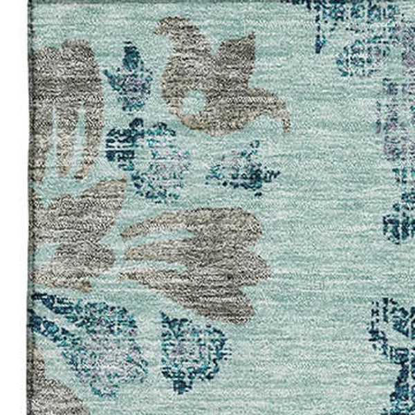 HomeRoots 5' X 8' Teal & Gray Floral Washable Area Rug - Stain-Resistant, Soft, UV-Protected for Any Room 664004