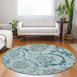 HomeRoots 8' Teal and Gray Floral Washable Round Rug - Durable, UV-Protected, Perfect for Homes with Kids & Pets 664005