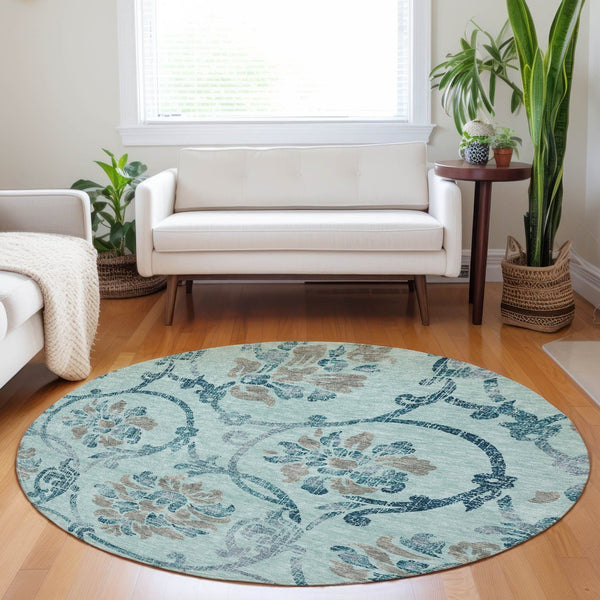 HomeRoots 8' Teal and Gray Floral Washable Round Rug - Durable, UV-Protected, Perfect for Homes with Kids & Pets 664005