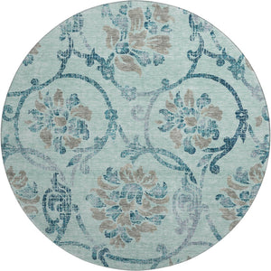 HomeRoots 8' Teal and Gray Floral Washable Round Rug - Durable, UV-Protected, Perfect for Homes with Kids & Pets 664005