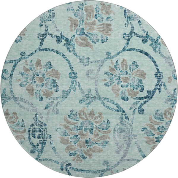HomeRoots 8' Teal and Gray Floral Washable Round Rug - Durable, UV-Protected, Perfect for Homes with Kids & Pets 664005
