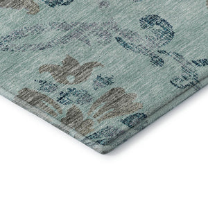 HomeRoots 8' Teal and Gray Floral Washable Round Rug - Durable, UV-Protected, Perfect for Homes with Kids & Pets 664005