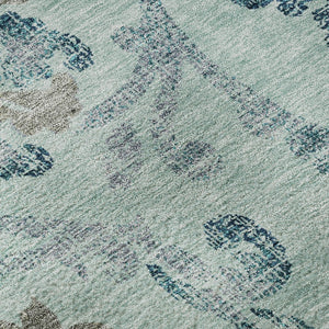 HomeRoots 8' Teal and Gray Floral Washable Round Rug - Durable, UV-Protected, Perfect for Homes with Kids & Pets 664005