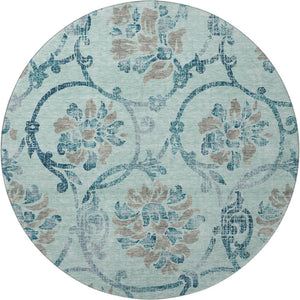 HomeRoots 8' Teal and Gray Floral Washable Round Rug - Durable, UV-Protected, Perfect for Homes with Kids & Pets 664005