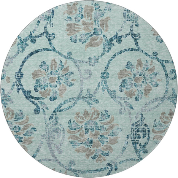 HomeRoots 8' Teal and Gray Floral Washable Round Rug - Durable, UV-Protected, Perfect for Homes with Kids & Pets 664005