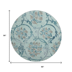 HomeRoots 8' Teal and Gray Floral Washable Round Rug - Durable, UV-Protected, Perfect for Homes with Kids & Pets 664005
