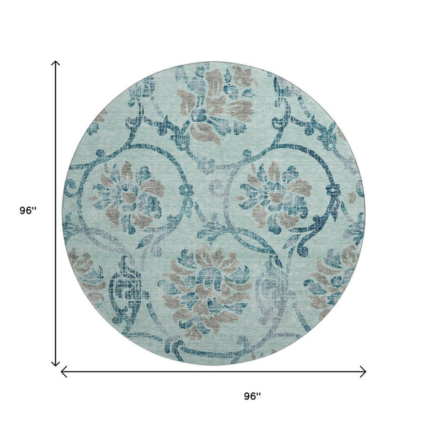 HomeRoots 8' Teal and Gray Floral Washable Round Rug - Durable, UV-Protected, Perfect for Homes with Kids & Pets 664005