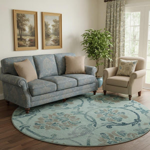 HomeRoots 8' Teal and Gray Floral Washable Round Rug - Durable, UV-Protected, Perfect for Homes with Kids & Pets 664005