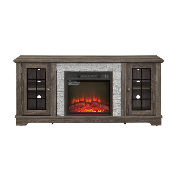 English Elm 58" Modern TV Stand with 18" Electric Fireplace, Faux Stone Mantel, Ample Storage & Cable Management for Living Room Comfort and Style Grey W2275S00027