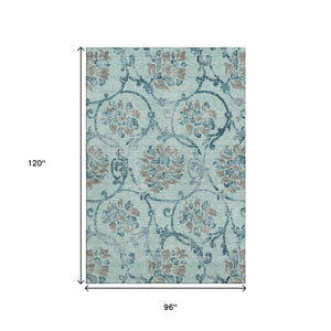 HomeRoots 8' X 10' Teal and Gray Floral Area Rug - Washable, UV Protected, Durable Design for Family Spaces 664006
