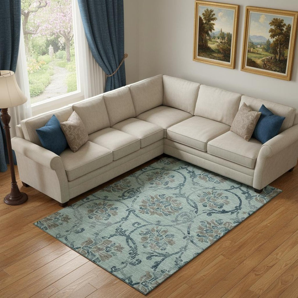 HomeRoots 8' X 10' Teal and Gray Floral Area Rug - Washable, UV Protected, Durable Design for Family Spaces 664006