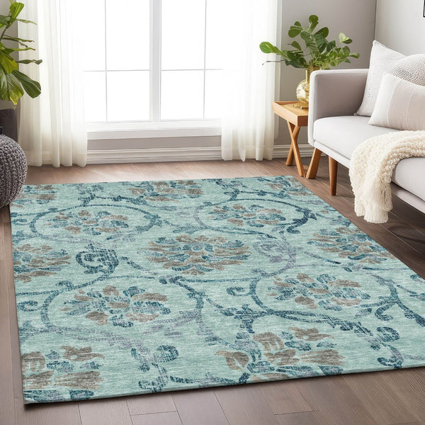 HomeRoots 8' X 10' Teal and Gray Floral Area Rug - Washable, UV Protected, Durable Design for Family Spaces 664006