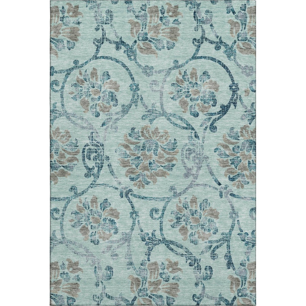 HomeRoots 8' X 10' Teal and Gray Floral Area Rug - Washable, UV Protected, Durable Design for Family Spaces 664006