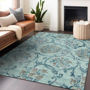 HomeRoots 8' X 10' Teal and Gray Floral Area Rug - Washable, UV Protected, Durable Design for Family Spaces 664006