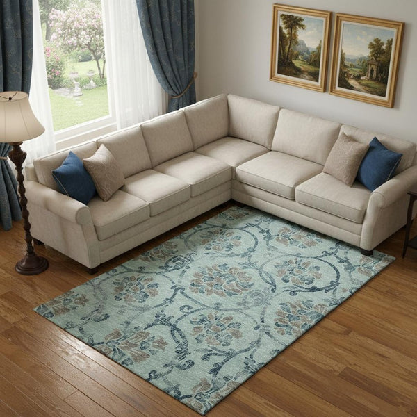 HomeRoots 9' X 12' Teal and Gray Floral Area Rug – Washable, Stain-Resistant, UV Protected for High-Traffic Homes 664007